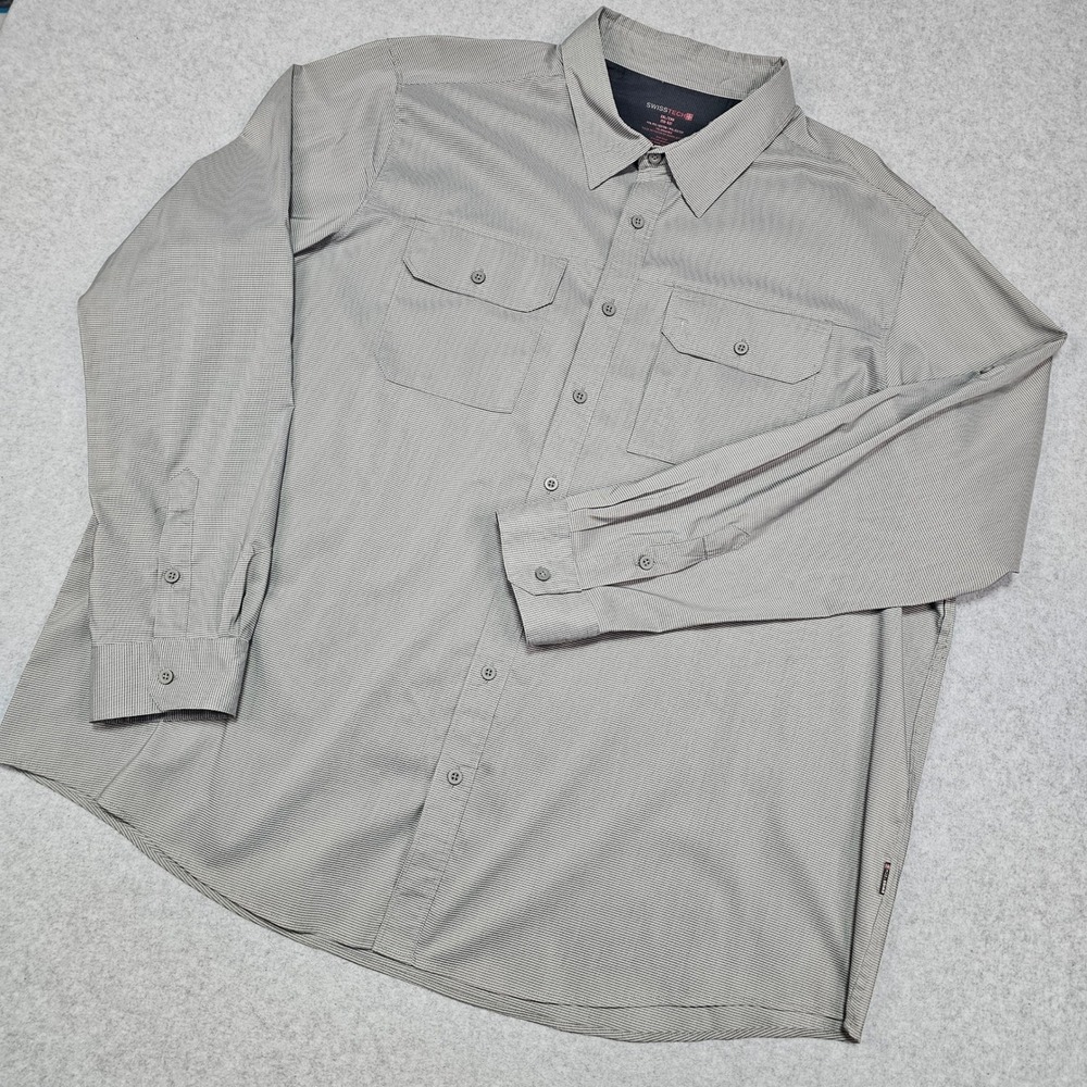 Swiss Tech Mens 2XL Gray Check Long Sleeve Button Down Shirt Stretch breathable